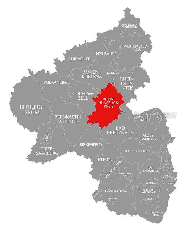 莱茵Hunsrueck Kreis在莱茵兰-普法尔茨地图上的红色高亮显示